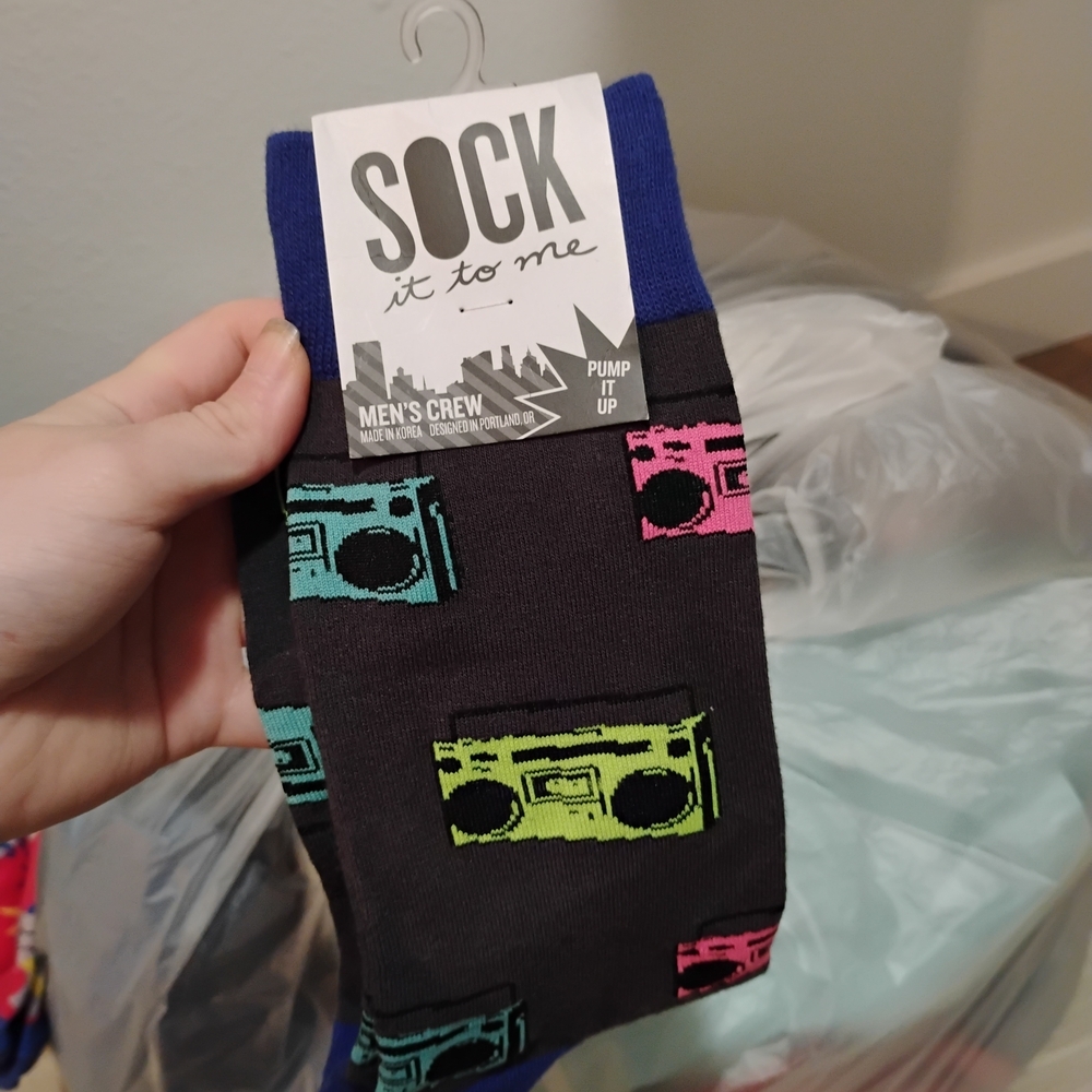 Sock It to Me Men's Crew Socks - Black with Colorful Boombox Design